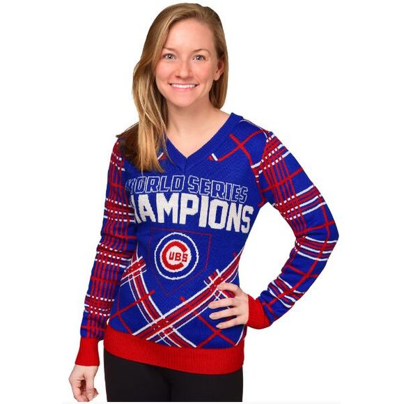 Foco Sweaters - Chicago Cubs 2016 World Series Champions Women's Ugly V-Neck Sweater